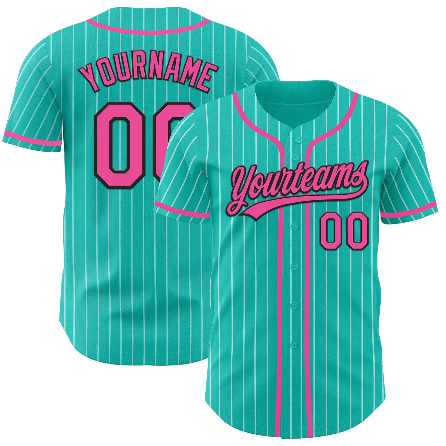 Custom Aqua White Pinstripe Pink-Black Authentic Baseball Jersey - Main View