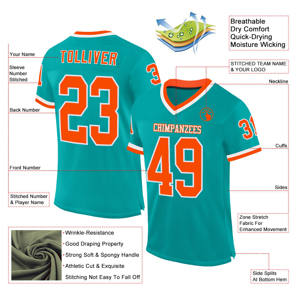 Custom Aqua Orange-White Mesh Authentic Throwback Football Jersey view 2