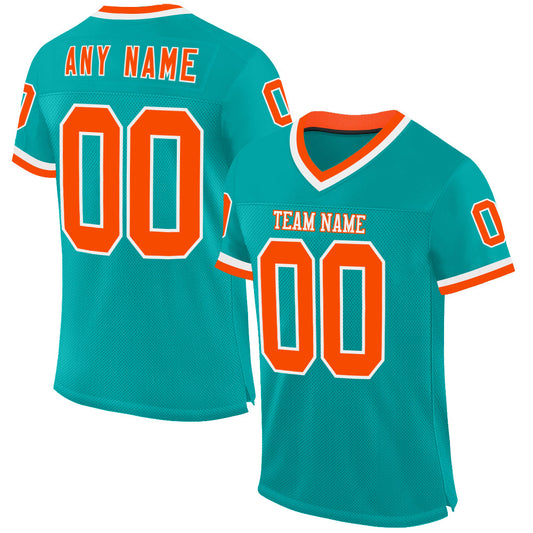 Custom Aqua Orange-White Mesh Authentic Throwback Football Jersey - Main View
