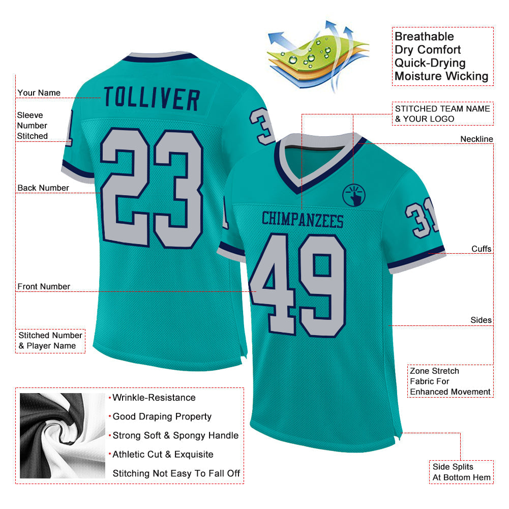 Custom Aqua Gray-Navy Mesh Authentic Throwback Football Jersey view 2
