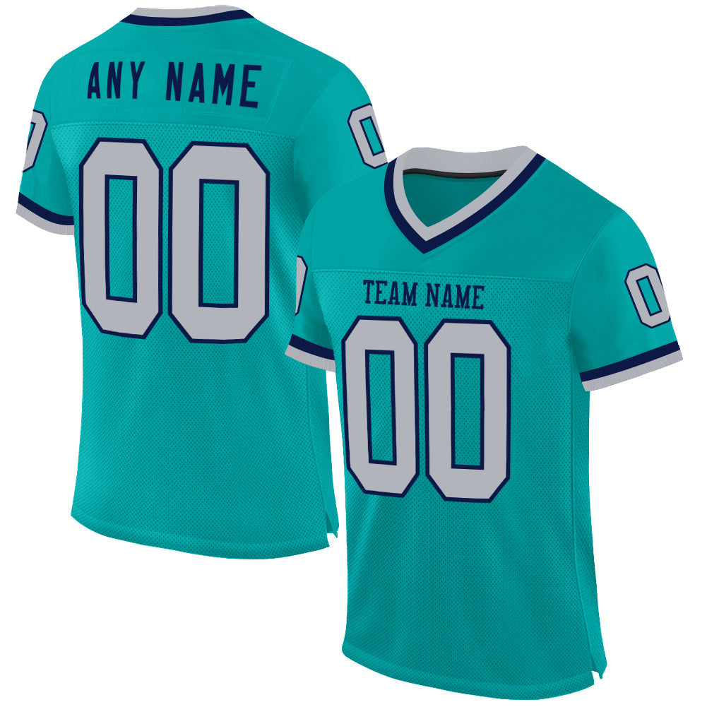 Custom Aqua Gray-Navy Mesh Authentic Throwback Football Jersey - Main View