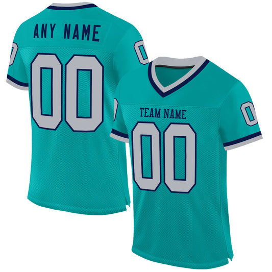 Custom Aqua Gray-Navy Mesh Authentic Throwback Football Jersey - Main View