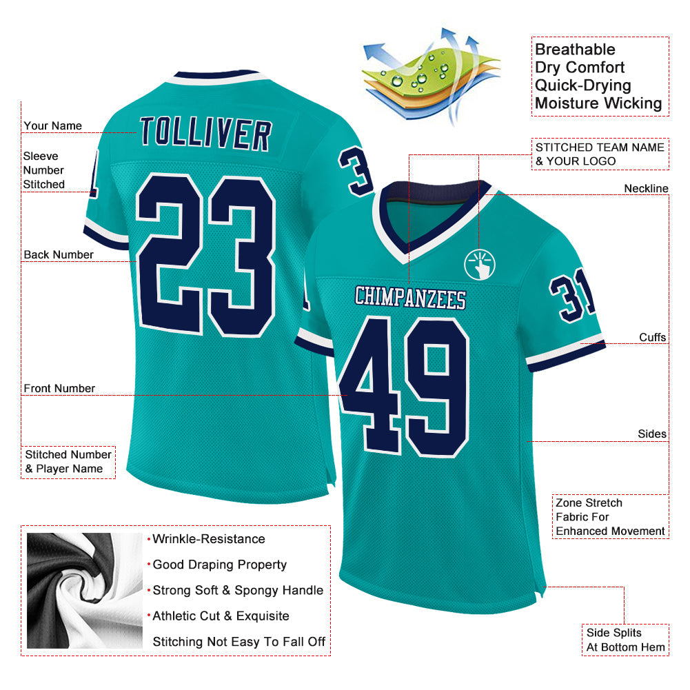 Custom Aqua Navy-White Mesh Authentic Throwback Football Jersey view 2