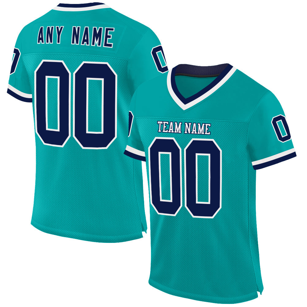 Custom Aqua Navy-White Mesh Authentic Throwback Football Jersey - Main View