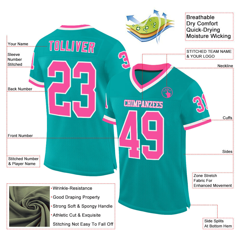 Custom Aqua Pink-White Mesh Authentic Throwback Football Jersey view 2