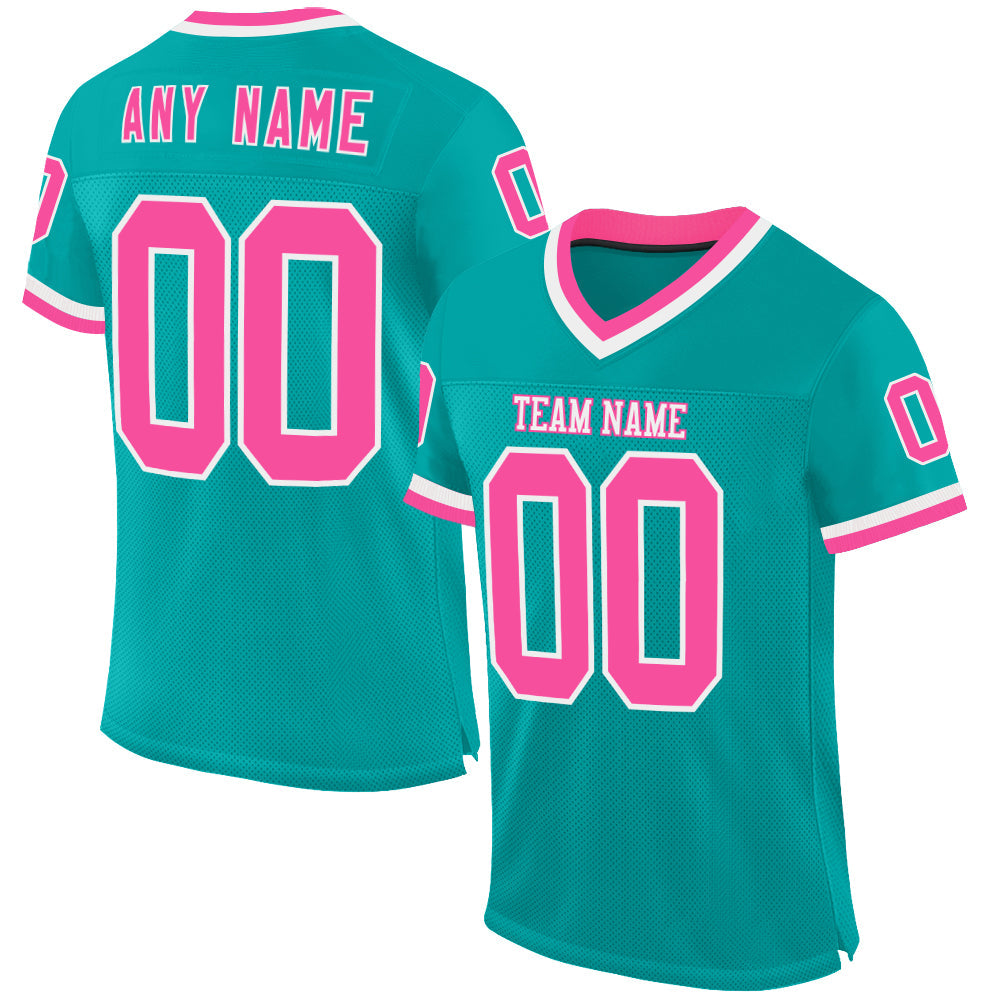 Custom Aqua Pink-White Mesh Authentic Throwback Football Jersey - Main View