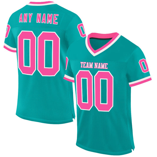 Custom Aqua Pink-White Mesh Authentic Throwback Football Jersey - Main View
