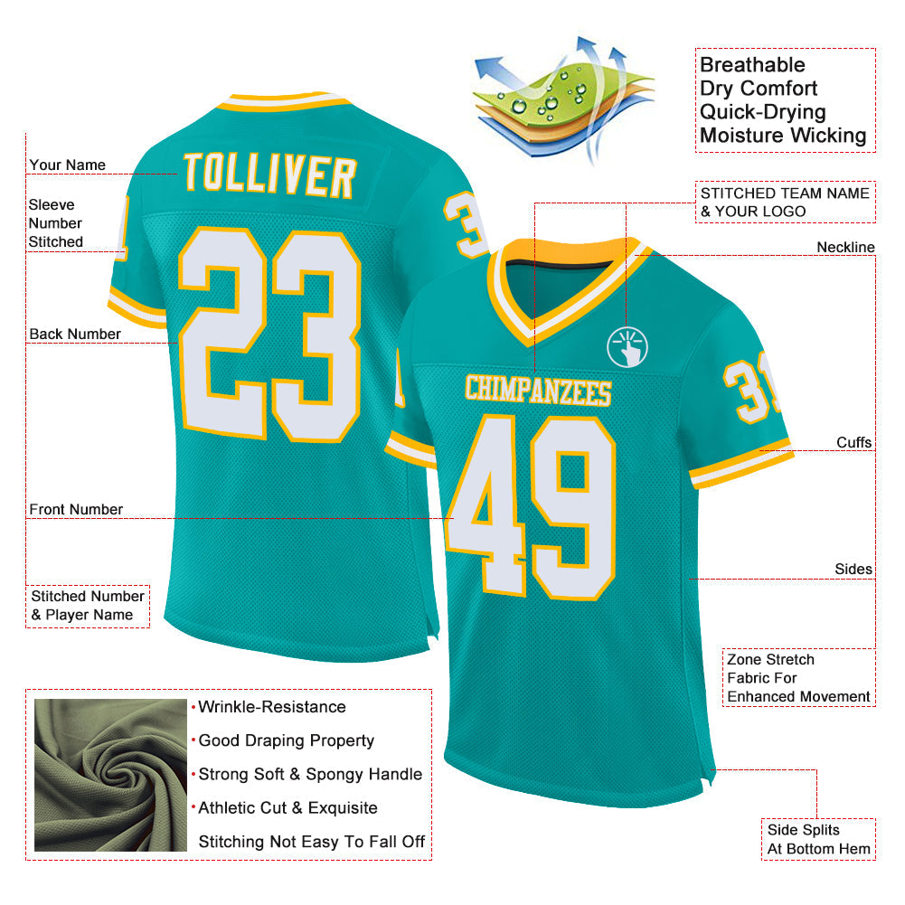 Custom Aqua White-Gold Mesh Authentic Throwback Football Jersey view 2