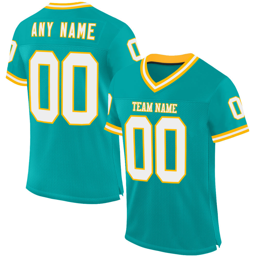 Custom Aqua White-Gold Mesh Authentic Throwback Football Jersey - Main View