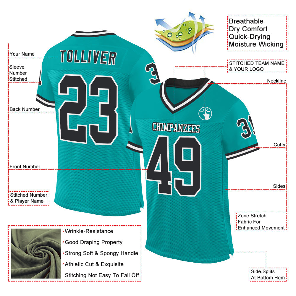 Custom Aqua Black-White Mesh Authentic Throwback Football Jersey view 2