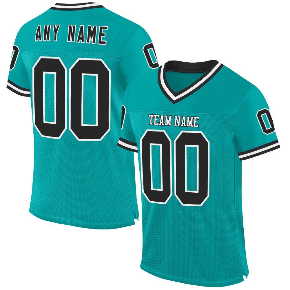 Custom Aqua Black-White Mesh Authentic Throwback Football Jersey - Main View