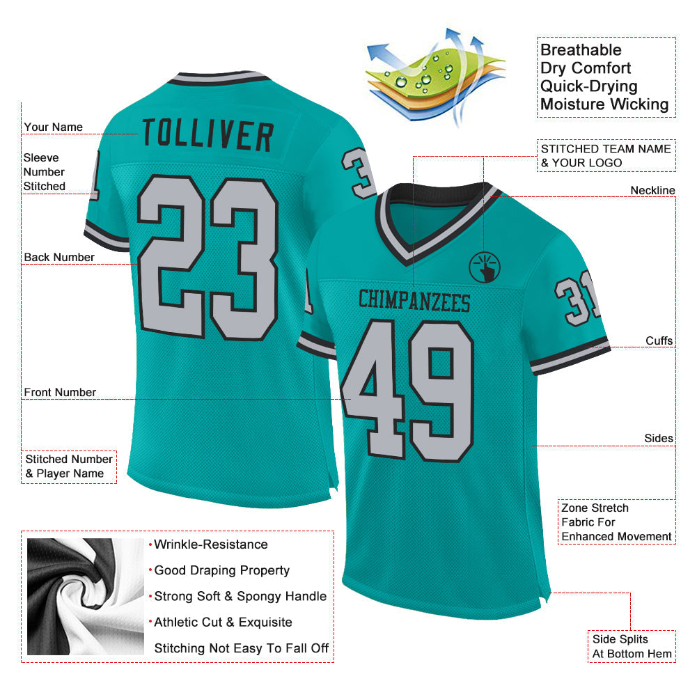 Custom Aqua Gray-Black Mesh Authentic Throwback Football Jersey view 2