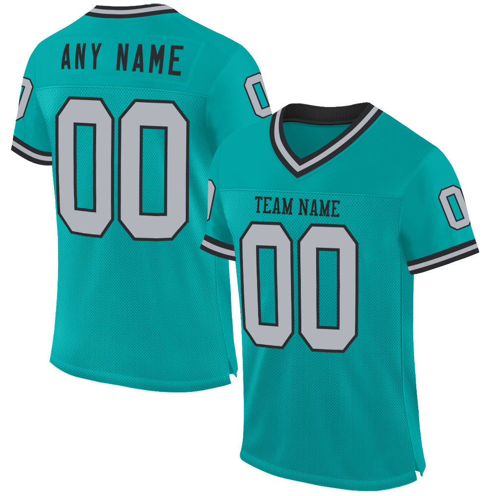 Custom Aqua Gray-Black Mesh Authentic Throwback Football Jersey - Main View