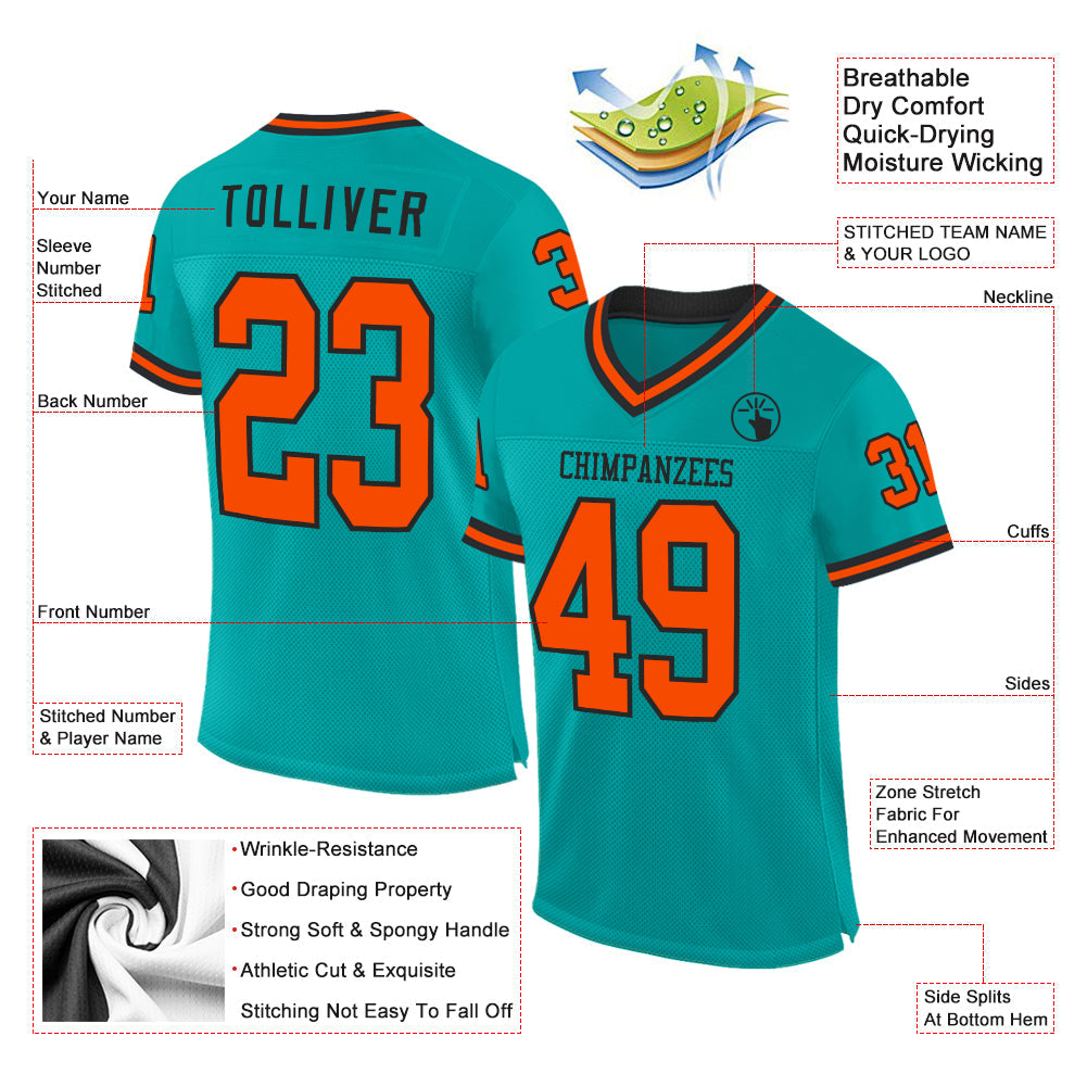 Custom Aqua Orange-Black Mesh Authentic Throwback Football Jersey view 2