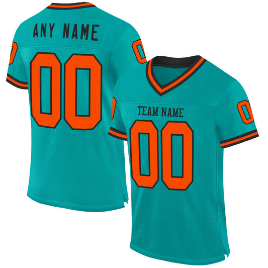 Custom Aqua Orange-Black Mesh Authentic Throwback Football Jersey - Main View