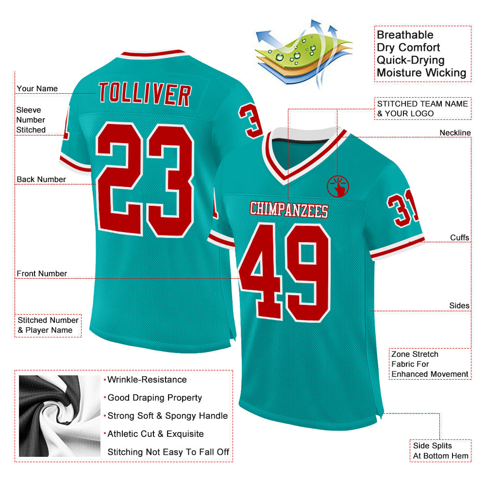 Custom Aqua Red-White Mesh Authentic Throwback Football Jersey view 2