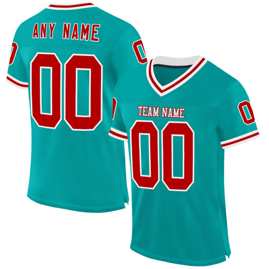 Custom Aqua Red-White Mesh Authentic Throwback Football Jersey - Main View