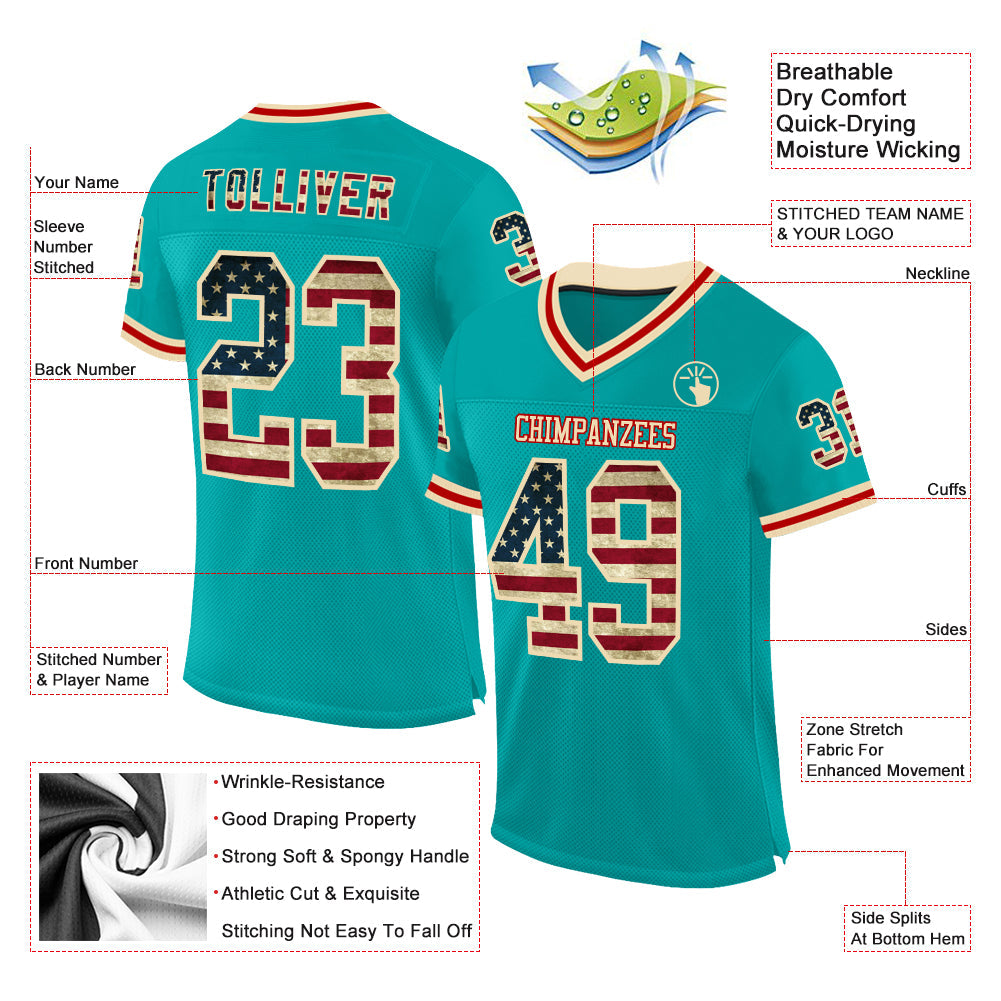 Custom Aqua Vintage USA Flag Cream-Red Mesh Authentic Throwback Football Jersey view 2