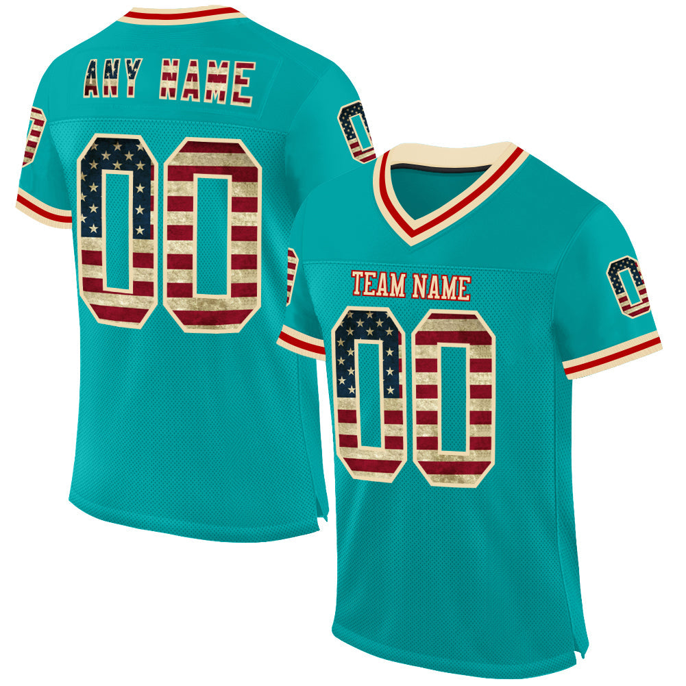 Custom Aqua Vintage USA Flag Cream-Red Mesh Authentic Throwback Football Jersey - Main View