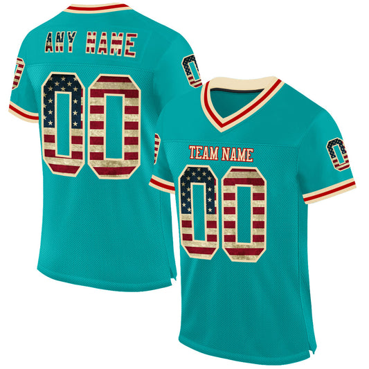 Custom Aqua Vintage USA Flag Cream-Red Mesh Authentic Throwback Football Jersey - Main View