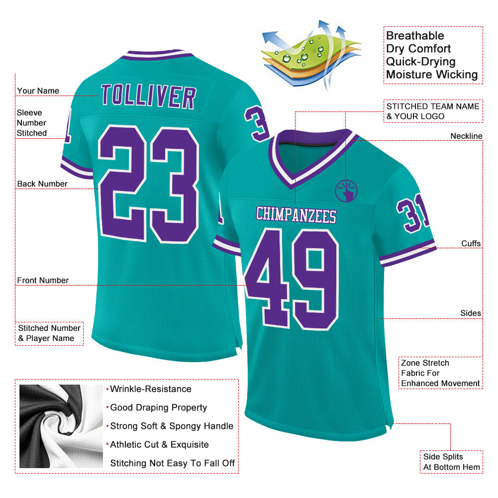 Custom Aqua Purple-White Mesh Authentic Throwback Football Jersey view 2