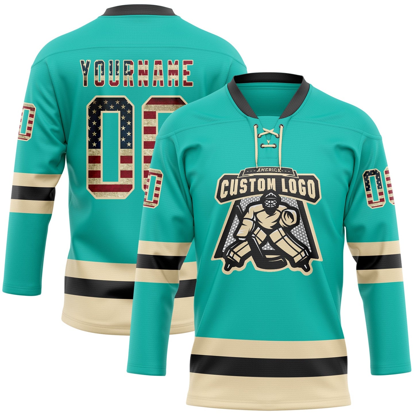 Custom Aqua Vintage USA Flag Cream-Black Hockey Lace Neck Jersey view 2