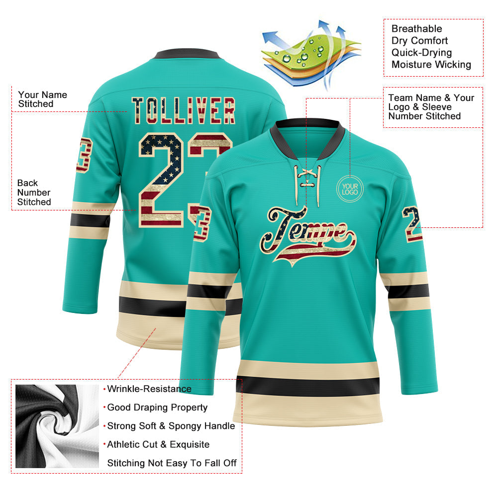 Custom Aqua Vintage USA Flag Cream-Black Hockey Lace Neck Jersey view 3
