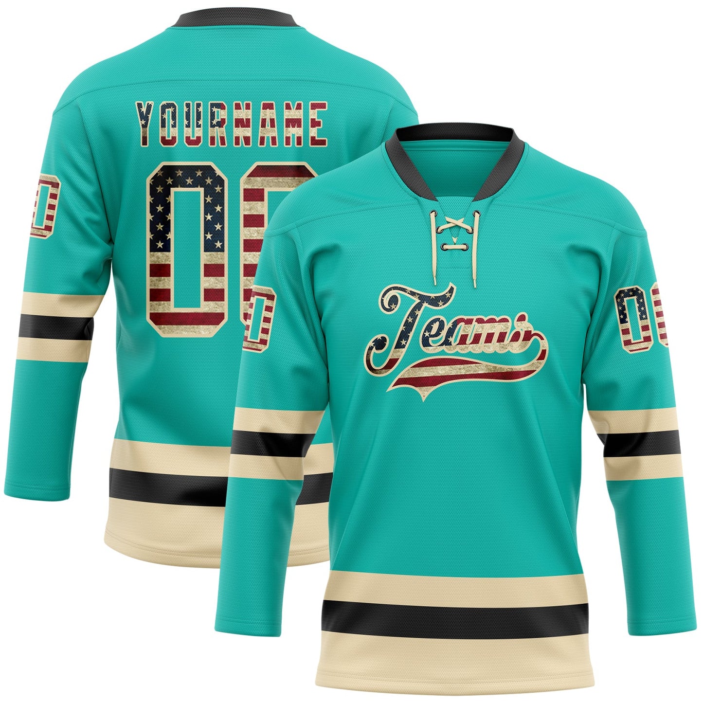 Custom Aqua Vintage USA Flag Cream-Black Hockey Lace Neck Jersey - Main View