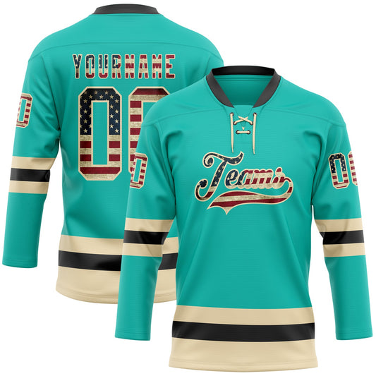 Custom Aqua Vintage USA Flag Cream-Black Hockey Lace Neck Jersey - Main View