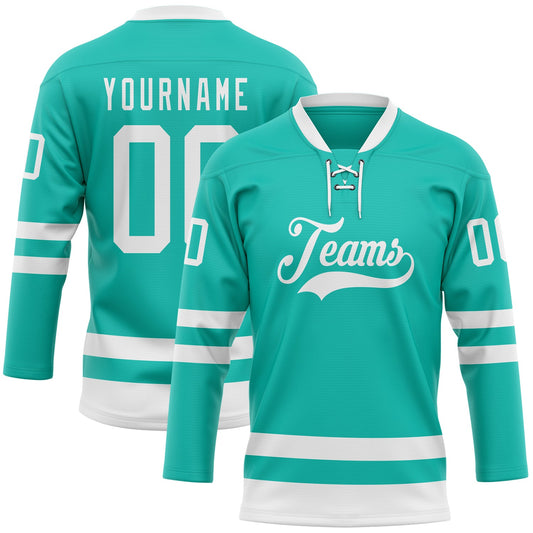 Custom Aqua White Hockey Lace Neck Jersey - Main View