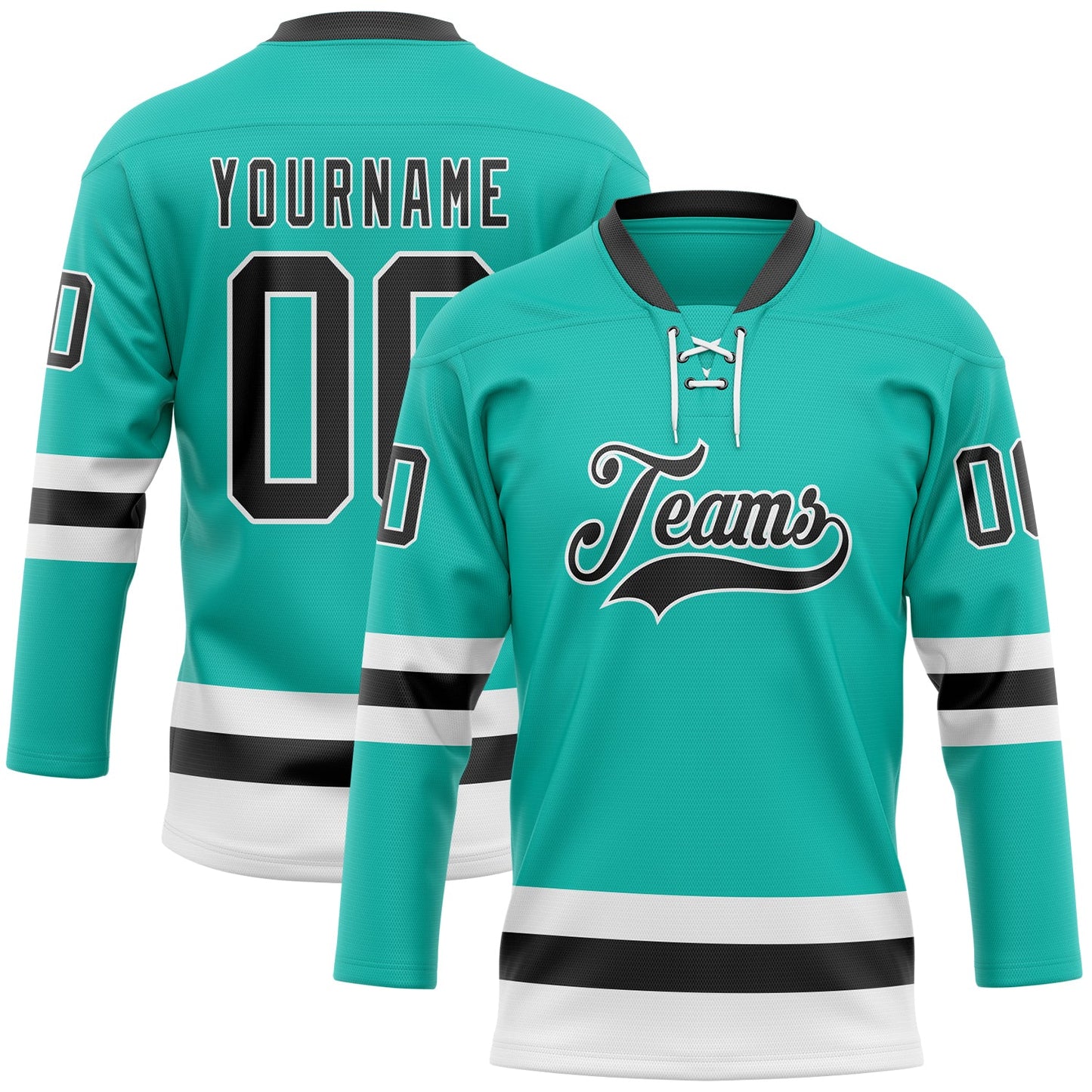 Custom Aqua Black-White Hockey Lace Neck Jersey - Main View