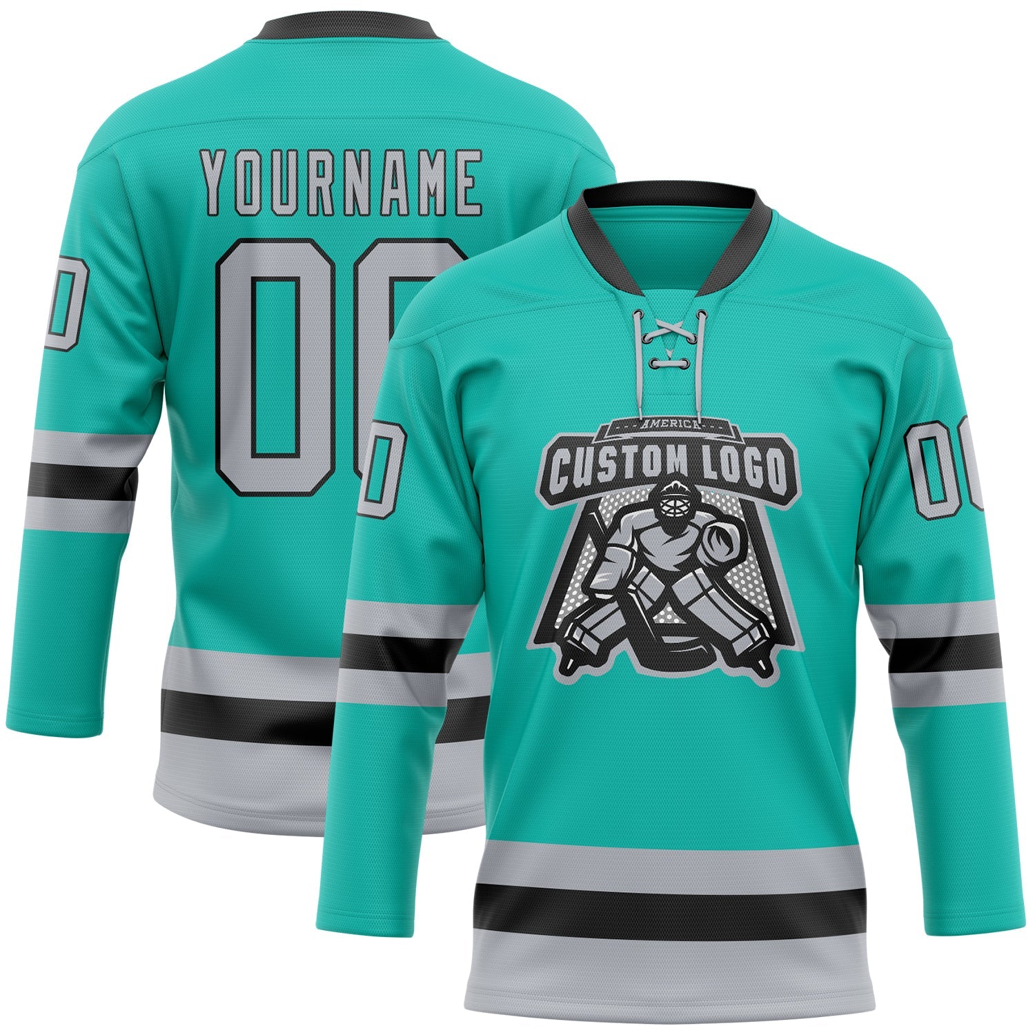 Custom Aqua Gray-Black Hockey Lace Neck Jersey view 2