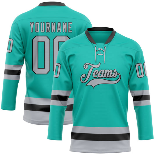 Custom Aqua Gray-Black Hockey Lace Neck Jersey - Main View