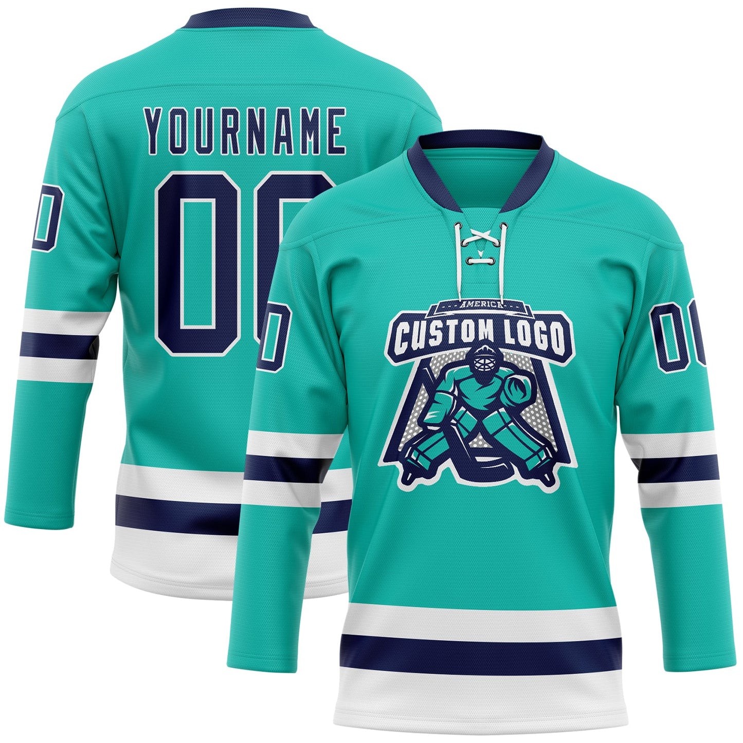 Custom Aqua Navy-White Hockey Lace Neck Jersey view 2