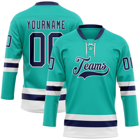 Custom Aqua Navy-White Hockey Lace Neck Jersey - Main View
