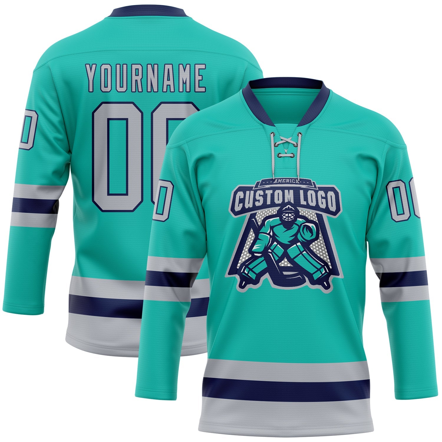 Custom Aqua Gray-Navy Hockey Lace Neck Jersey view 2