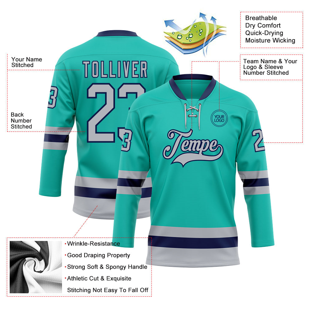 Custom Aqua Gray-Navy Hockey Lace Neck Jersey view 3