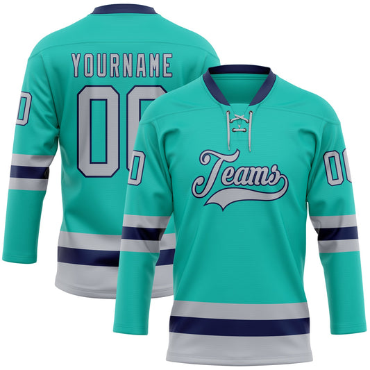 Custom Aqua Gray-Navy Hockey Lace Neck Jersey - Main View