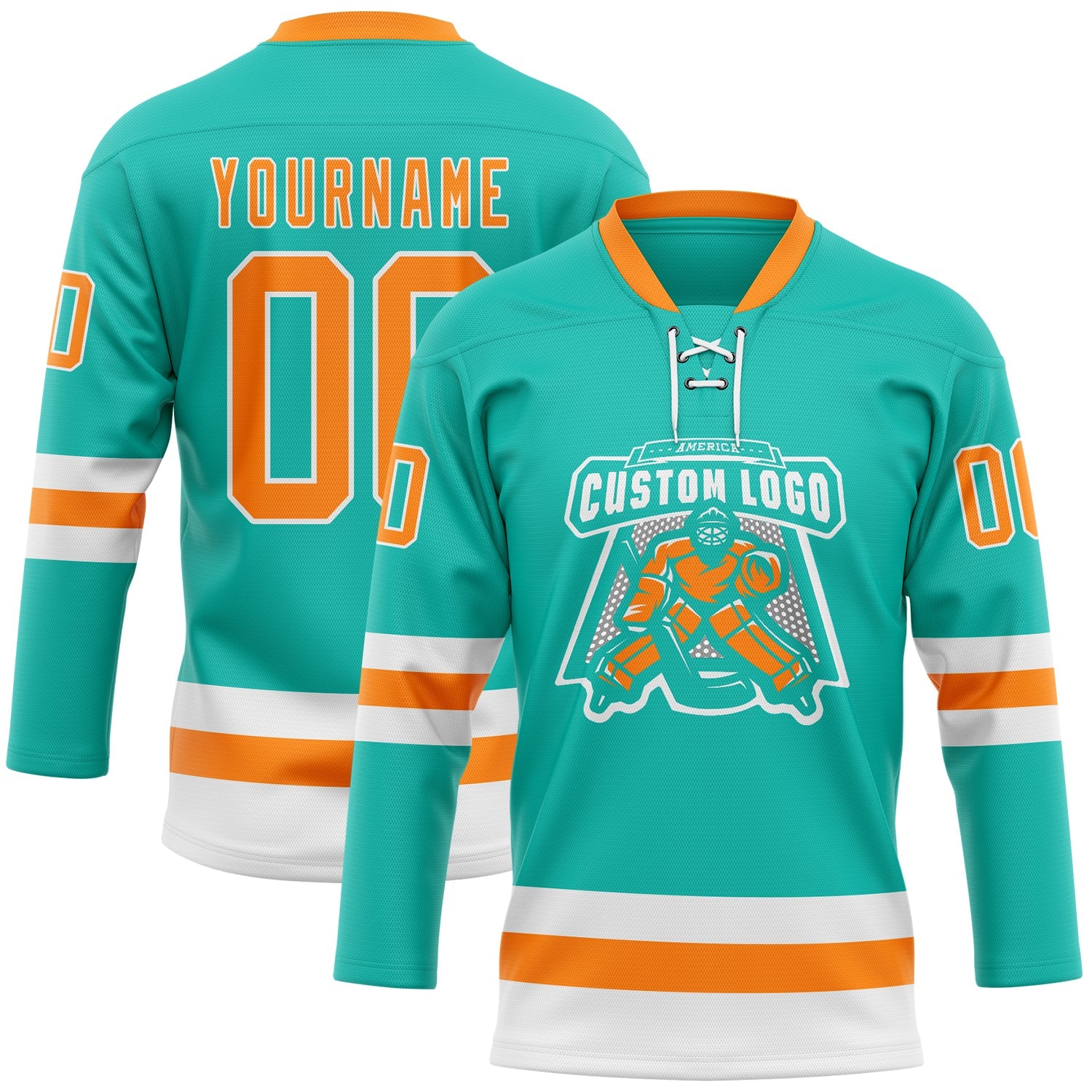 Custom Aqua Bay Orange-White Hockey Lace Neck Jersey view 2