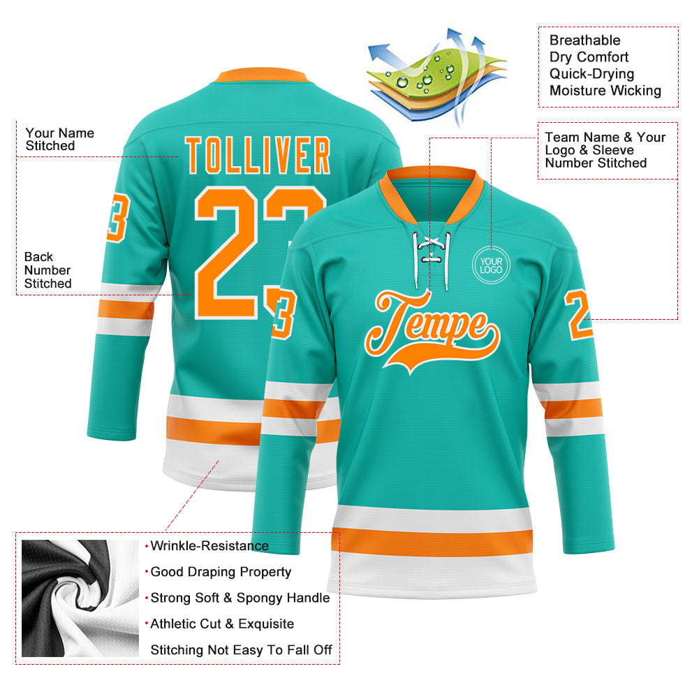 Custom Aqua Bay Orange-White Hockey Lace Neck Jersey view 3