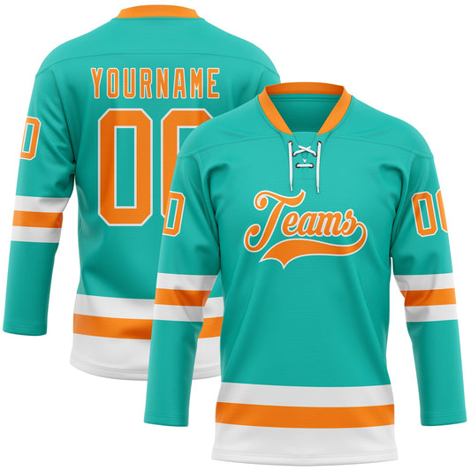 Custom Aqua Bay Orange-White Hockey Lace Neck Jersey - Main View