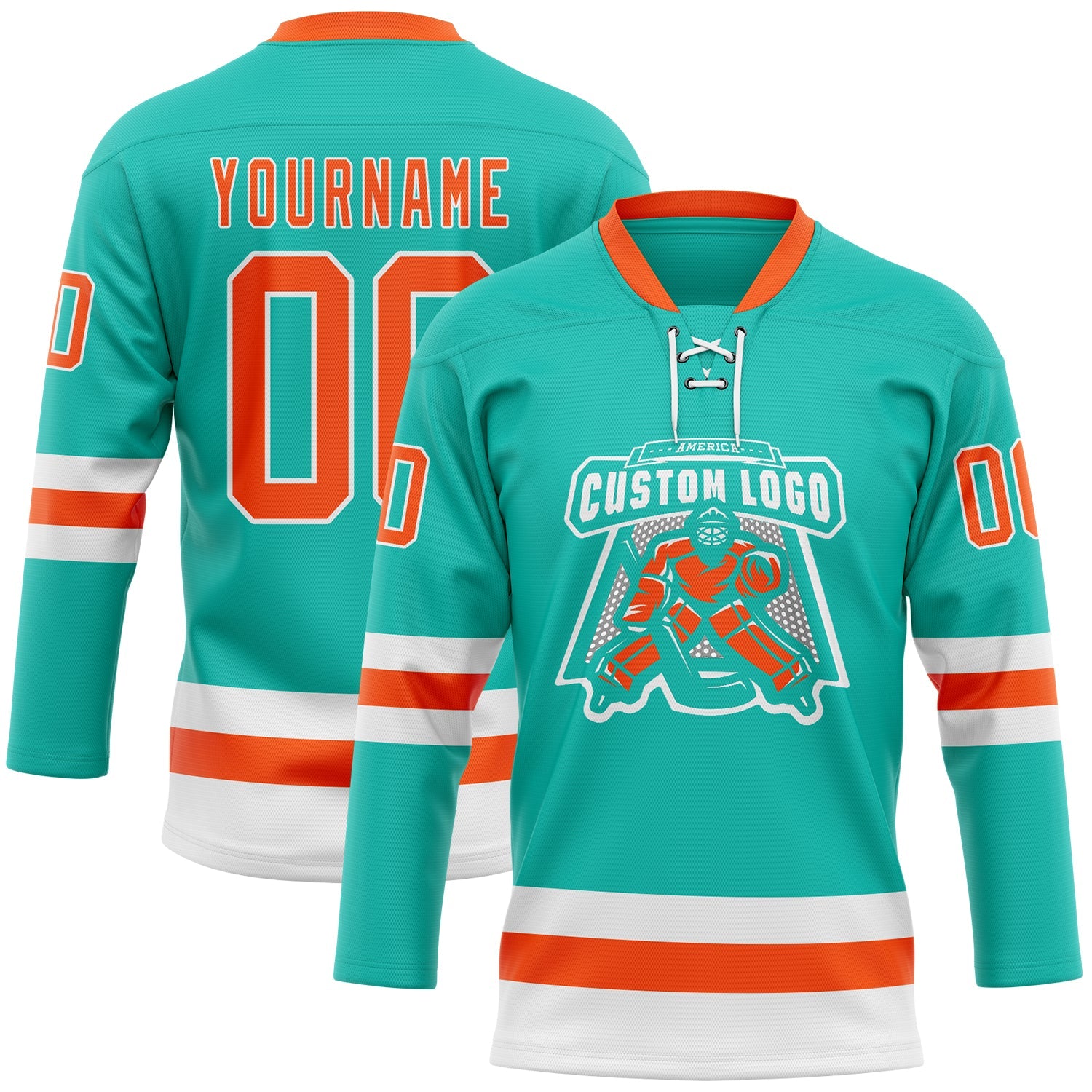 Custom Aqua Orange-White Hockey Lace Neck Jersey view 2