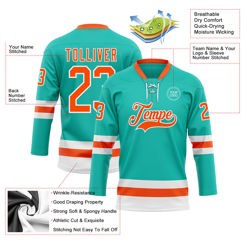 Custom Aqua Orange-White Hockey Lace Neck Jersey view 3