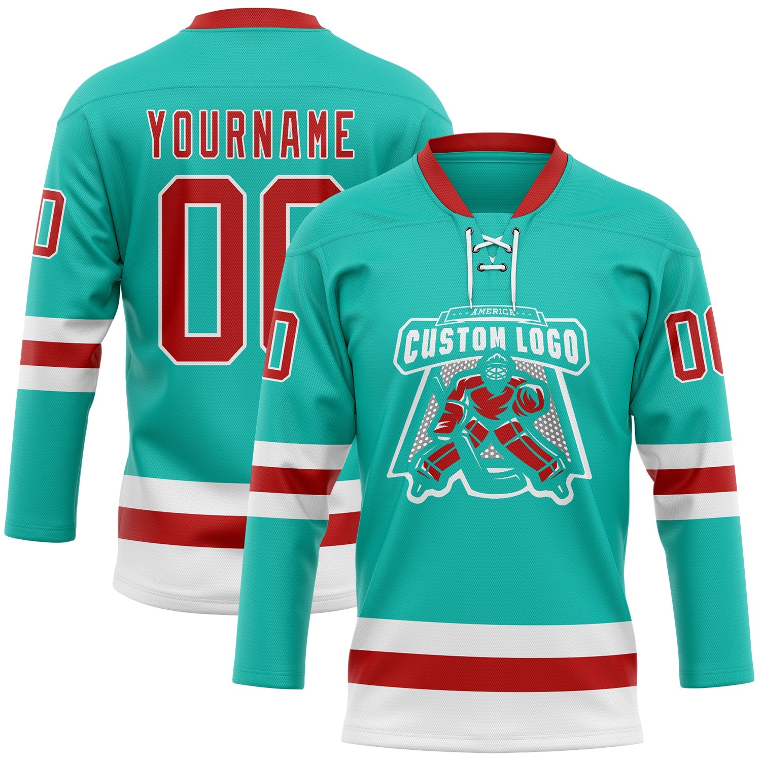 Custom Aqua Red-White Hockey Lace Neck Jersey view 2