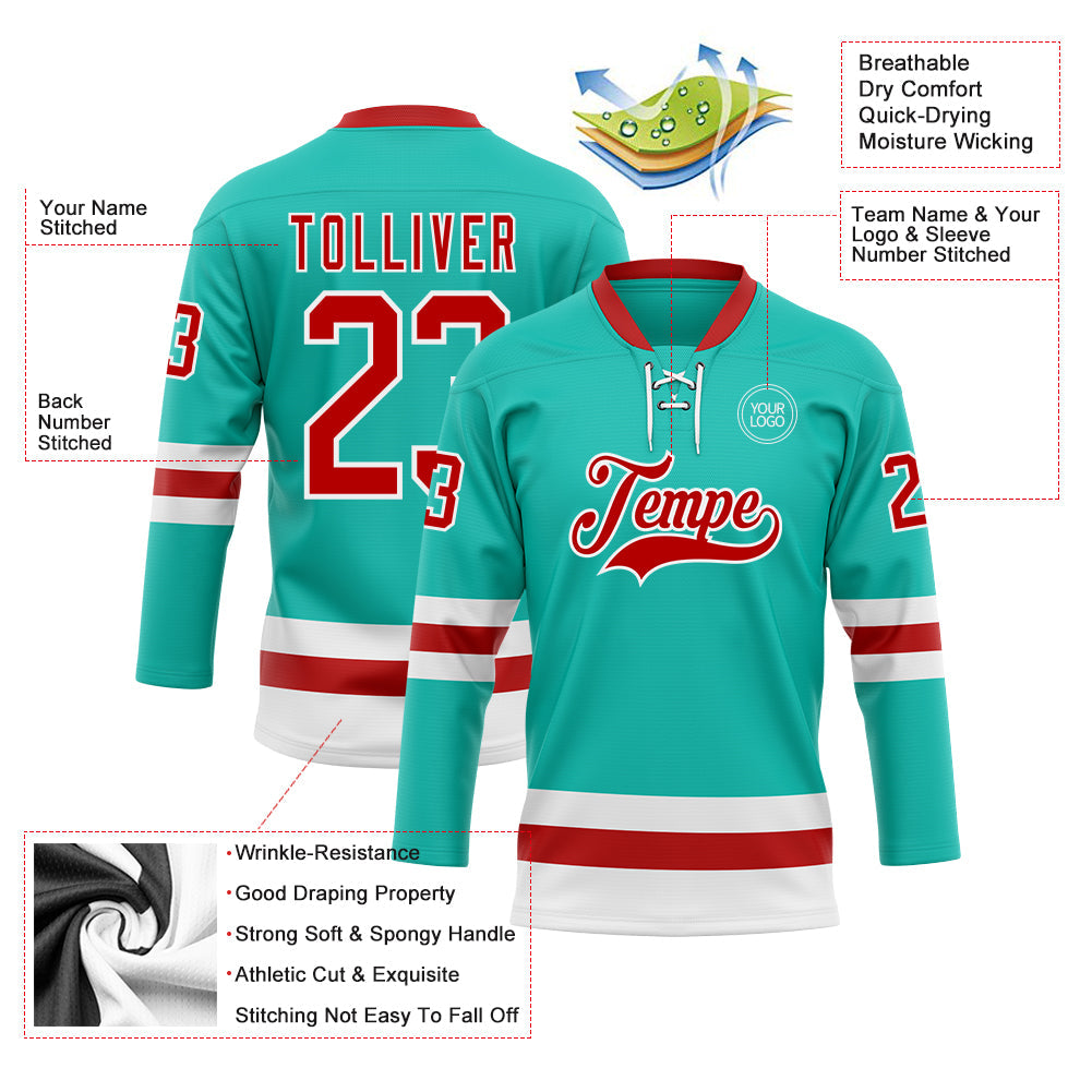 Custom Aqua Red-White Hockey Lace Neck Jersey view 3