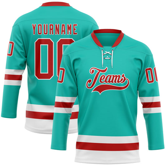 Custom Aqua Red-White Hockey Lace Neck Jersey - Main View