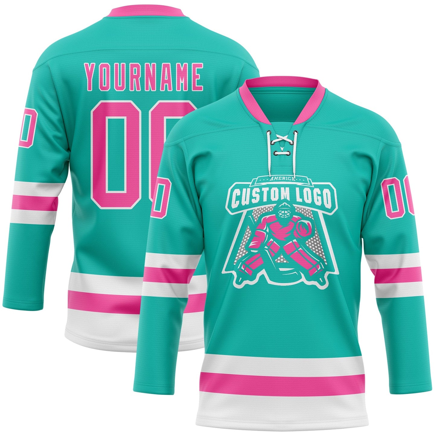 Custom Aqua Pink-White Hockey Lace Neck Jersey view 2