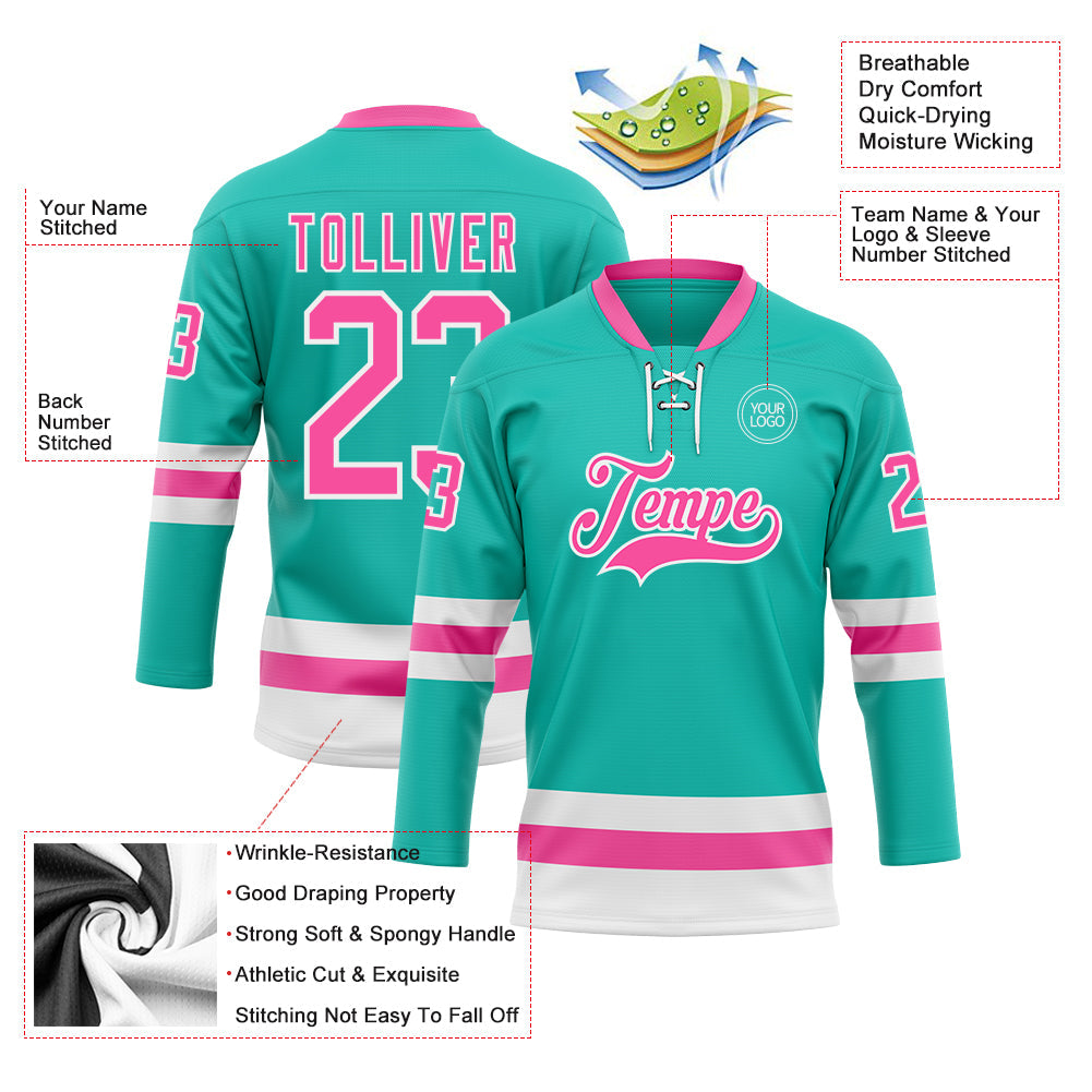 Custom Aqua Pink-White Hockey Lace Neck Jersey view 3