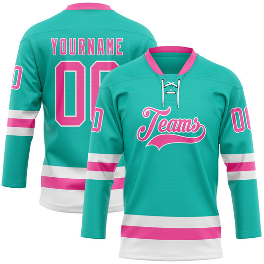 Custom Aqua Pink-White Hockey Lace Neck Jersey - Main View