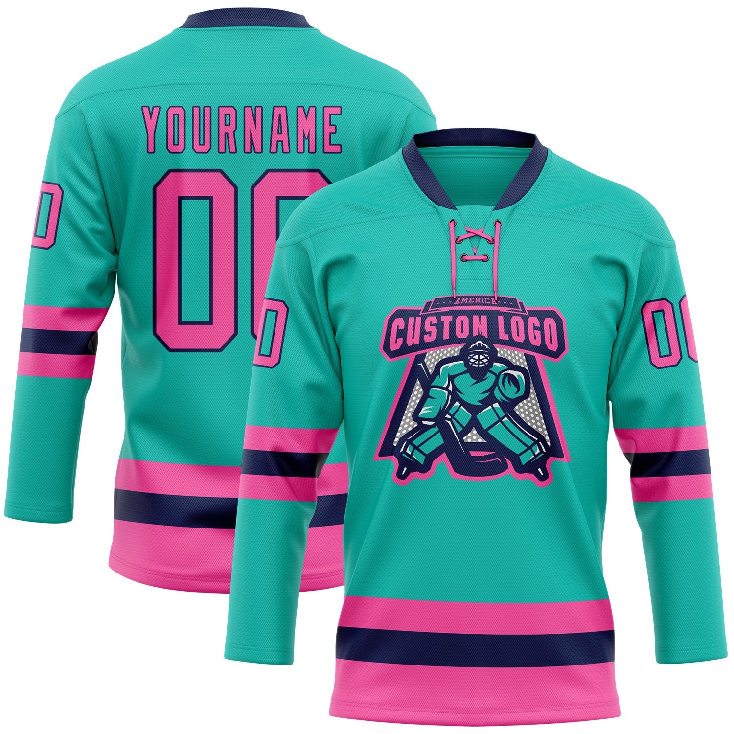 Custom Aqua Pink-Navy Hockey Lace Neck Jersey view 2
